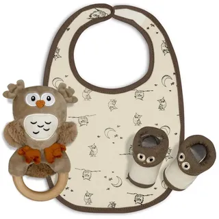 Interbaby - Geschenkset für Neugeborene, Modell Eule, ca. 0 bis 6 Monate, 3-teiliges Set bestehend aus Rassel, Lätzchen und Peucos
