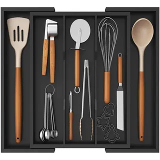 Lifewit Besteckkasten für Schubladen 3-5 Fächer, Bambus Besteckeinsätze für die Küche, Erweiterbares Küchenzubehör bis zu 57 cm Breite, Besteckeinsatz für Schubladen Holz, Schwarz