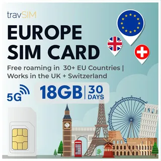 travSIM Europe SIM-Karte | 18 GB mit 4G/5G-Geschwindigkeit | Unbegrenzte Anrufe | Nutzung in Großbritannien, der Schweiz und der EU | Plan auf SIM-Karte für Europa ist 30 Tage lang gültig