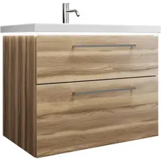 Burgbad Eqio Keramik-Waschtisch inklusive Waschtischunterschrank und LED-Waschtischunterschrankbeleuchtung, Breite 830 mm, SEZA083, Farbe (Front/Korpus): Frassino Dekor Cappuccino / Frassino Dekor Cappuccino, Griff Chrom P95