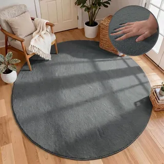 Homcomodar Teppich Rund 160cm Tiefgrau Kurzflor Wohnzimmerteppich Modern Teppich Schlafzimmer Anti-Rutsch Flauschiger Teppiche für Wohnzimmer,Schlafzimmer,Kinderzimmer,Esszimmer,Küchenteppich