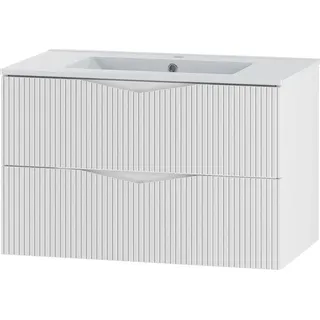 Badezimmer Waschtisch mit 80 cm Breite in weiß mit gerillter Front, 2 Schubladen - CALURI-140 - Weiß