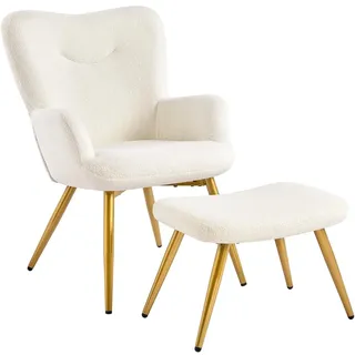 Yaheetech Ohrensessel mit Hocker Bouclé 59 x 85 x 65 cm Elfenbein