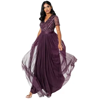Maya Deluxe Damen Women's Maxi Ladies V-neck Plus Size Ball Gown Short Sleeves Long Elegant Empire Wa Bridesmaid Dress, Berry, 38 EU