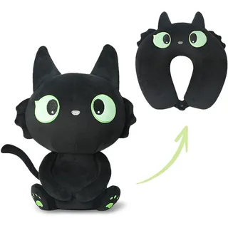 BEKKLPOU Schwarzes Katzen Nackenkissen, Travel Neck Pillow, Weiche Tier Reisekissen, Niedliches Tier u Förmiges Reisekissen Für Zuhause Und Büro Schlafkissen (Umwandelbares Kissen A)