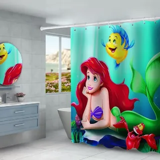 Mermaid Ariel Duschvorhänge Ursula Badezimmer Vorhang Shower Curtain mit 12 Ringen - Ariel Flounder - 180 x 200cm
