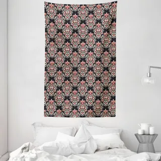 ABAKUHAUS Damast Wandteppich und Tagesdecke, Klassisches venezianische Motiv aus Weiches Mikrofaser Stoff Waschbar ohne Verblassen Digitaldruck, 140 x 230 cm, Schwarz Creme Rot - Schwarz