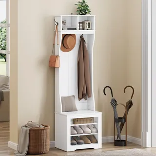 YITAHOME Garderobenständer mit Schuhbank, Garderobenschrank, Garderobe, Flurgarderobe mit 5 Haken & Oberschrank, für Diele & Wohnzimmer,Verstellbare Regalebenen Schuhschrank,50x35x180.5cm, Weiß