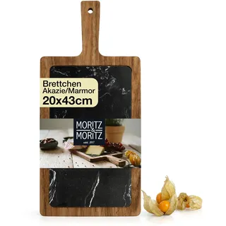 Moritz & Moritz Servierbrett Holz 43 x 20 cm Akazie Marmor schwarz | Käsebrett mit herausnehmbarer Marmorplatte 28 x 16 cm, gefriergeeignet, mit Griff, für Käse, Wurst und Tapas