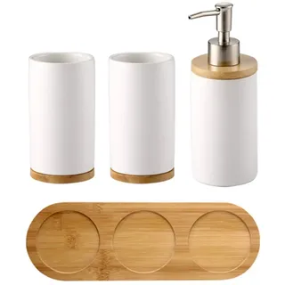 OnePine Badezimmer Accessoires Set Keramik, 4-teilig, Zahnbürstenhalter, Seifenspender, Bambus Fach, Zahnputzbecher
