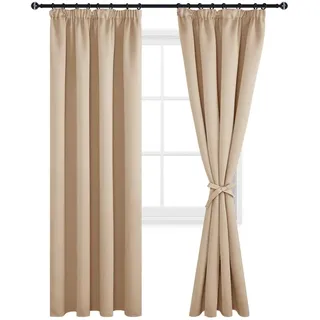 DWCN Vorhang Blickdicht mit Kräuselband Verdunkelungsgardinen 2 Stücke | Beige, 228x228cm (Höhe x Breite), Wärmeisolierend Thermovorhang für Schlafzimmer Wohnzimmer Kälteschutz Schiebegardinen