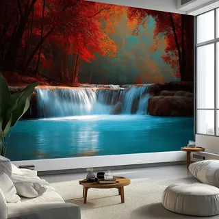 Naturfotografie Kinderzimmer Fototapete Wandbild, Herbst Rot Wald Wasserfall Tapeten Vliestapete für Wohnzimmer Schlafzimmer Kinder Fototapete - leicht anzubringen Wandtapete 200 x 140 cm (B x H)