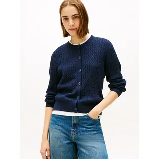 Strickjacke TOMMY HILFIGER, Damen, Gr. L (42/44), blau (schwarz night navy), Strick, Obermaterial: 100% Baumwolle, unifarben, normal normal, Rundhals, eingesetzt Rippstrickbündchen, Strickjacken Strickjacke, mit Zopfstrickmuster