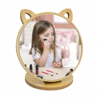 PHMING Schminkspiegel, Kann um 90 Grad Gedreht Werden Kosmetikspiegel, Katzenohrenform Stehend Holz Beauty Kosmetikspiegel für Schlafzimmer Wohnzimmer