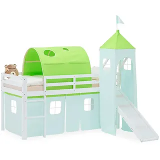 Homestyle4u Hochbett 90/200 cm in weiß Rutsche Bettvorhang Grün , Textil , Kiefer , 90x200 cm , Babymöbel & Kindermöbel, Kinderzimmer & Jugendzimmer, Kinderbetten, Hochbetten