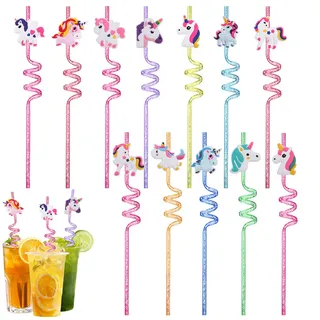 12 Stück Einhorn Strohhalme Kinder 27cm, Bunte Plastik Strohhalme mit Glitzer-Effekt, Party Zubehör für Kindergeburtstag, Wiederverwendbare Trinkhalme Einhorn Deko