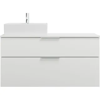 Burgbad Eqio Keramik-Aufsatzwaschtisch quadratisch, links, inklusive Waschtischunterschrank mit 2 Schubladen, Breite 1200mm, SGUQ120LF2009C0001G0146, Farbe: Weiß Hochglanz/Alpinweiss / Weiß Hochglanz, Griff