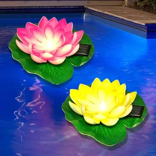 SKIKHN 2 Stück Schwimmende Lotuslichter, Seerose Lotusblüte, LED Solarbetriebene Lotus Laterne, IP65 Wasserdichte Solar Schwimmende Blumen für Garten Hof, Schwimmbad, Brunnen und Aquarien (Gelb,Rosa)