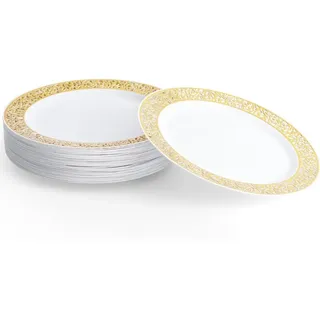 MATANA 20 Premium Weiße Plastikteller mit Goldrand, Mehrweg Kunststoffteller, 26cm - Partyteller Gold für Hochzeiten, Geburtstage, Partys - Elegantes & Stabiles Partygeschirr