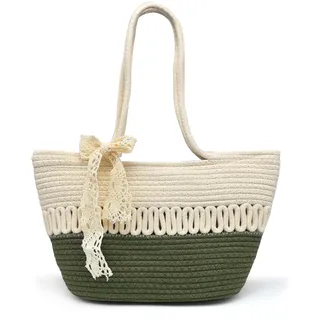 Pahajim Tote Bag Handtasche Geflochten Damen Shopper Tasche Umhängetasche mit Reißverschluss Korbtasche aus Baumwollseil