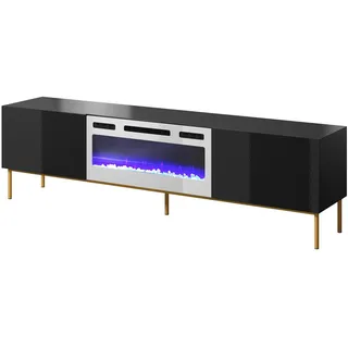 Fernsehschrank SLIDE 200x57x40 cm Tv-Schrank mit elektrichem Kamin Heizfunktion Lowboard 2 Klappen Metallgestell Schwarz Hochglanz/Weiß Kamin - Weiß