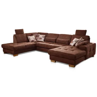 CAVADORE Wohnlandschaft Puccino mit Federkern, Schlaffunktion, verstellbarer Rückenlehne und 2 Kopfstützen / Sofalandschaft in U-Form im Landhaus-Design / 340 x 86 x 224 cm / Mikrofaser braun