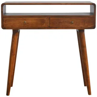 Artisan Furniture Gekrümmtes Konsolentisch im Kastanienholz-Finish, 2 Schubladen, 1 Offenes Fach, Beine im Nordischen Stil, Braun , Metall , Echtholz,Mangoholz , Holz Optik , Rechteckig , 90x90x35 cm , FSC 100%, Handmade in India , Wohnzimmer, Wohnzimmertische, Konsolentische
