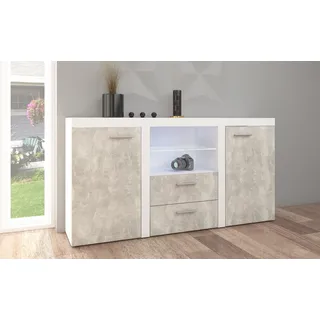 FURNIX Sideboard RIVAY Esszimmer Kommode mit 2 Schubladen und Glasvitrine klassisch, pflegeleicht 2F2S B156,4 cm Weiß/Beton - Weiß, Beige, Grau