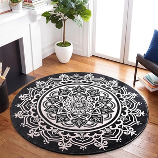 Carvapet Teppich Rund 90cm Weich und Flauschig Teppich Gegend Kreis rutschfest Waschbar Böhmisches Mandala Bodenteppich Wohnzimmer Schlafzimmer(Schwarz)