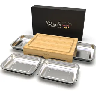 MARINDO Schneidebrett mit 4x Auffangschalen inkl. Saftrille | Schneidbrett aus Bambus | Auffangwannen aus Edelstahl | Servierbett in Holz Optik | Cutting Board inkl. Geschenkverpackung