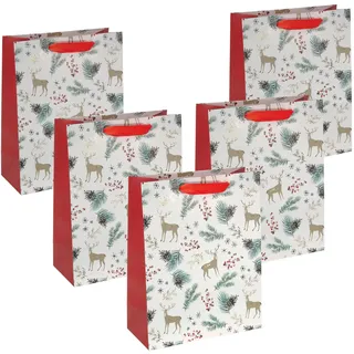 Sigel GT121/5 große Premium Geschenktüten aus Papier, 5er Set, weiß/gold/rot, mit Seidenbandgriffen, 26 x 33 x 12 cm, Christmas motifs watercolor, Papier-Geschenktaschen Weihnachten