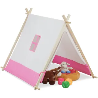 Relaxdays Tipi Zelt für Kinder, flach, Kinderzimmerzelt, HxBxT: 92 x 120 x 86 cm, drinnen, Wigwam Kinderzelt, weiß-rosa