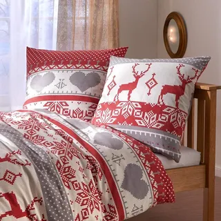 Traumschlaf Feinflanell Bettwäsche Hirsch im Weihnachtsstil – warme Winterbettwäsche aus 100% Baumwolle, kuschelig weich mit Norweger Strickmuster – 200x200 cm + 2 Kissenbezüge 80x80 cm