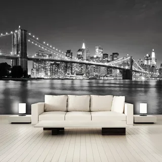 murimage® Fototapete New York 3D 366 x 254 cm inklusive Kleister Manhattan Skyline City USA Brooklyn Bridge schwarz weiß