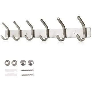 Dripex Hakenleiste Rostfrei Edelstahl Kleiderhaken Garderobenhaken gebürstete Optik Doppelhaken bis zu 30kg belastbar Haken (Silber, 6 Haken)