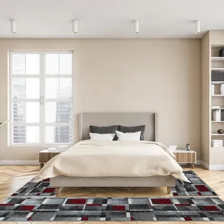 oKu-Tex Bettumrandung Set 3-teilig [67x340 cm | 2 mal 67x140 cm] Grauer Bettvorleger, Rot meliert - weicher Kurzflor pflegeleicht - Teppich Schlafzimmer - Patchwork Design - Deutsche Marke