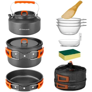 Odoland Camping Kochgeschirr Set, 10 Teilige Outdoor Geschirr Set mit Camping Topf 2L, Camping Bratpfanne 0.7L und Teekannen 1.1L für Camping Outdoor Kochen Wandern Reisen