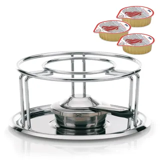 kela Rechaud Maxi, 3-teilig, Ø 23,5 cm, Edelstahl, Silber glänzend, Verchromt, Untersetzer aus Edelstahl, Pastenbrenner, 60127, 6 Brennpasten Magma, je 80 g, Ethanol, 390010