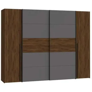 Narago Schrank 270, Kleiderschrank, Schwebetürenschrank mit Drehtüren, Holzdekor Nuß kombiniert mit Wolfram Grau, 270,3 cm breit x 210,5 cm hoch x 61,2 cm tief