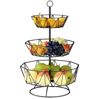 Chiluxendo 3-Stöckige Runde Obstschalen, Gemüsekorb aus Metall, Obstregal Küche, Obstkörbe Durchbrochener-Design, Obstkorb Mehrstöckig für Gemüse, Obst, Snacks und Brot(Schwarz, 44.5 × 28.5cm)
