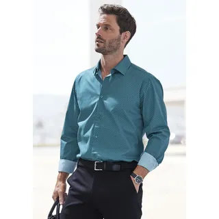 Langarmhemd H.I.S "Regular fit", Herren, Gr. S (37/38), N-Gr, grün (petrol, bedruckt), Web, Obermaterial: 100% Baumwolle, bedruckt, regular fit normal, Rundhals, 2-Knopf-Manschette, Hemden Langarmhemd, mit Haifischkragen und allover Print aus reiner Baumwolle