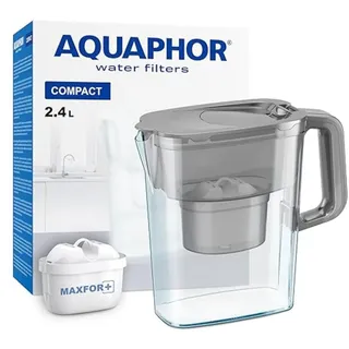 AQUAPHOR Wasserfilter Kanne Compact grau inkl. 1 Maxfor+ Filter I Kunststoff Karaffe 2,4l I Reduziert Kalk, Chlor & Schwermetalle I Kompakter & leichter Wasserfilter I Passt in die Kühlschranktür