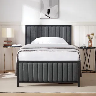 VECELO Bettgestell 90 x 200 cm, Metallbett Einzelbett mit Gepolstertem Kopf- und Fußteil, Bettrahmen mit Lattenrost, 32cm Höhe unter dem Bett, Kein Boxspring Erforderlich, Grau