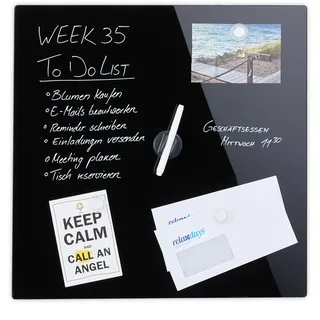 Relaxdays Magnettafel, beschreibbar, inkl. 3 Magnete & Stift, abwischbar, Rahmenlos, Magnetboard Glas, 50x50 cm, schwarz, 10022749_1290