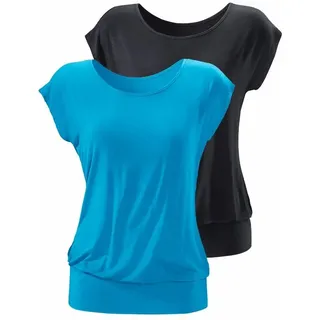 Longshirt LASCANA "mit breitem Bund", Damen, Gr. 40/42, blau (türkis, schwarz), Obermaterial: 95% Viskose (LENZINGTM ECOVEROTM), 5% Elasthan, unifarben, bequem lang, Rundhals, Shirts Longshirt, aus luftigem Viskose-Stretch, Topseller