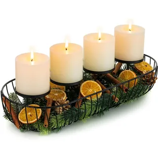 Sziqiqi Adventskranz Länglich Modern Metall, Schwarz, 43cm lang Gestell | Adventsgesteck Schale mit Kerzenhalter für 4 Stumpenkerzen, Adventskorb, Advent-Kerzenständer für Weihnachtsdeko, Tischdeko