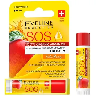 Eveline Cosmetics SOS Exotic Mango Lippenbalsam - Nährend & Regenerierend mit Arganöl und Mangobutter, SPF 10 Schutz, Lang anhaltende Feuchtigkeit