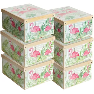 Set aus 6 Aufbewahrungsboxen mit Deckel – Große Kleiderboxen aus Karton 39x50x24 cm – Robust, leicht zu montieren, mit Tragegriffen – Perfekt für Kleiderschrank & Saisonwechsel Flamingos
