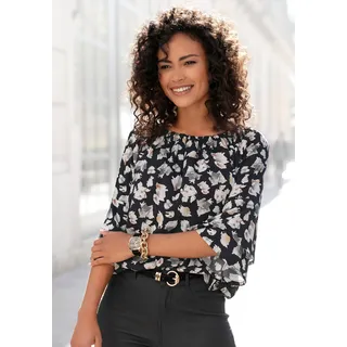 Carmenbluse LASCANA "mit Alloverdruck aus gewebter Viskose", Damen, Gr. 38, schwarz (schwarz, bedruckt), Web, Obermaterial: 100% Viskose, bedruckt, figurumspielend hüftlang, Carmenausschnitt, Volant, Blusen Carmenbluse, schulterfreie Damenbluse, Volantbluse, Blusenshirt mit 3/4-Ärmeln