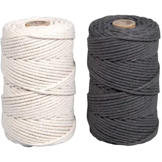 Rayher Makramee Garn, 2,2 mm ø, Set 2 Spulen à 70 m (ca. 200/Spule), 1 Spule crème + 1 Spule grau, Dekokordel, Knüpfgarn, 44000562